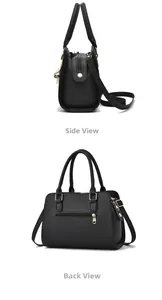 Side and back views of black pebbled leather handbag with detachable shoulder strap