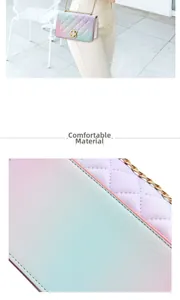 Macro detail of quilted gradient leather fabric with elegant golden chain and floral buckle