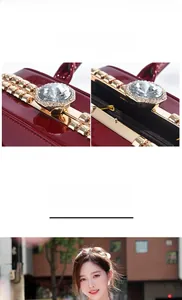 Macro shot of sparkling rhinestone closure on burgundy patent leather handbag details