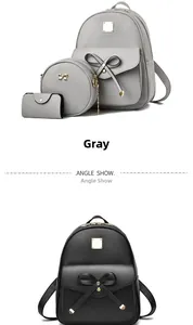 Ensemble détaillé de sac à dos en similicuir gris avec nœud, sac bandoulière et bourse