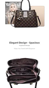 Deep brown printed tote bag with interior compartments and spacious storage detail
