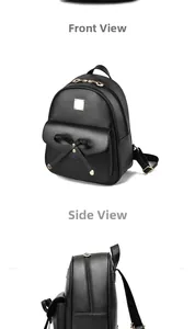 Vues avant et latérale d'un sac à dos en cuir PU noir avec nœud et boucle dorée