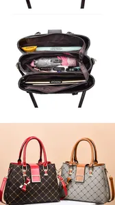 Detail view of large capacity printed handbag interior showing space for iPad and essentials