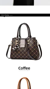 Close-up of coffee brown tote featuring gold grid floral prints and bowknot pendant detail