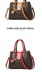 Detail view of large print leather handbag with gold hardware and bow charm in coffee yellow