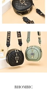 Detail of rhombic quilted round crossbody bags with gold cat pendant and wide straps