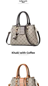 Close-up of stylish monogram print handbags in coffee-red and khaki-brown color combos