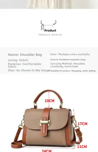 Detailed view of the khaki and brown shoulder bag with precise dimensions and magnet closure