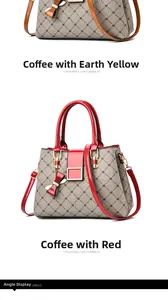 Detail showing two-tone patterned handbags with glossy finish and bow charm accessories