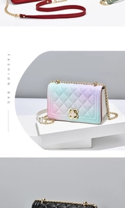 Detail of gradient quilted chain bag with floral metal clasp and matte leather texture