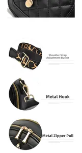 Detail of gold metal hardware, adjustable wide strap, and zippers on quilted black bag