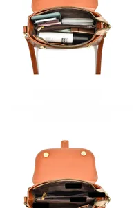 Detail view showing internal compartments of the caramel crossbody bag and its storage capacity