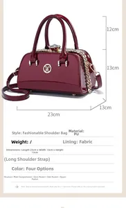 Detailed size chart for burgundy patent leather bag with gold W emblem and dimensions