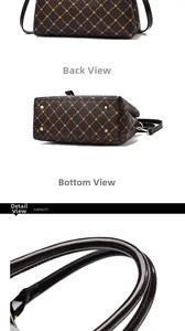 Detail view of printed handbag showing the back, bottom with metal feet and glossy handles