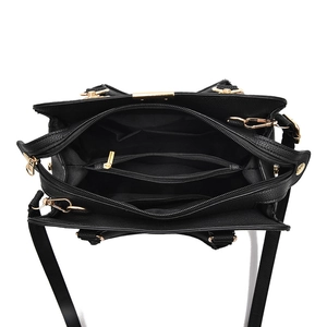 Black pebbled leather tote bag with multi-compartment interior and gold-tone zippers