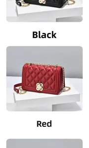 Close-up of quilted chain bags with floral metal locks in black and red leather