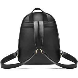 Sac à dos en cuir noir avec nœud et détails dorés, ensemble trois pièces vue arrière