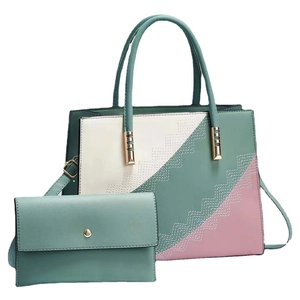 Three-color patchwork tote bag set with envelope clutch and gold hardware accents
