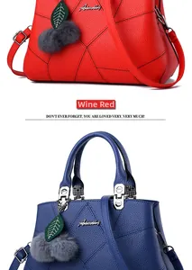 Detail of wine red and blue tote bags featuring V-shaped stitching and plush pompom charm