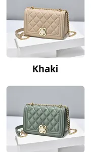 Detail showing khaki and bean green quilted chain shoulder bags with golden floral buckles