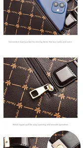 Detail of the large capacity printed tote with back phone pocket and golden metal zipper