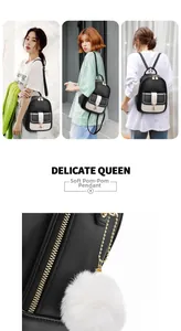Détail d'un mini sac à dos contrasté avec texture matelassée et pendentif boule de poil