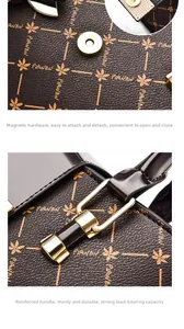 Detail of metal magnetic buckle and reinforced handle hardware on leather handbag