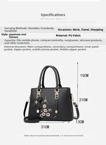 Detaillierte Innenansicht der schwarzen PU-Handtasche mit sechs Fächern für Utensilien