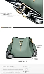 Detail view of light green bucket bag showing 20x20x11cm dimensions and PU texture
