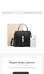 Size comparison of black litchi leather handbag with iPad and iPhone X dimensions