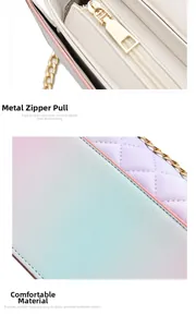 Detail of smooth champagne gold zipper and quilted rainbow gradient fabric on crossbody bag