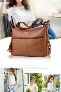 Dettaglio borsa in pelle marrone con cuciture a coccodrillo ed elegante nappa decorativa