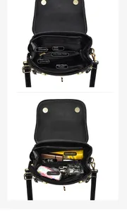 Detailed interior view of a black pebble leather handbag showing multi-pocket compartments