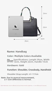 Size chart for black crocodile leather tote bag with 9.7-inch iPad for scale