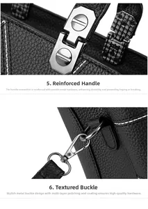 Detail of durable polished metal hardware and leather texture on a black crossbody bag
