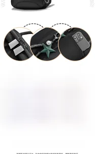 Détail du sac à dos noir montrant la texture filet, le pendentif étoile et la poche antivol