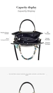 Macro view showing multiple inner compartments and large capacity of the black tote bag