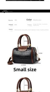 Detailed size guide for black faux crocodile leather handbag with golden hardware