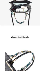 Macro view of crocodile texture bag with silk scarf handle and spacious inner compartments