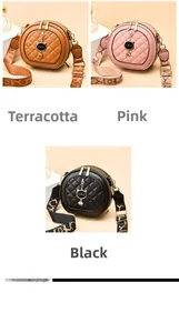 Three round quilted cross-body bags in tan, pink, and black with wide fabric straps