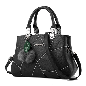 Women Fashion Handbag Litchi Grain PU Leather Large Capacity Shoulder Crossbody Bag Geometry Stitching Plush Ball Charm