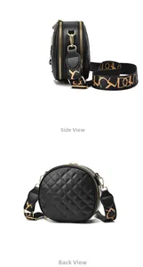 Detailed side and back views of a quilted round crossbody bag with wide strap