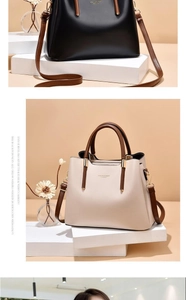 Detailed view of black and beige PU leather handbags with golden hardware and top handles