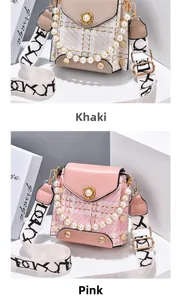 Detail of khaki and pink rivet phone bags with pearl handles and woven straps