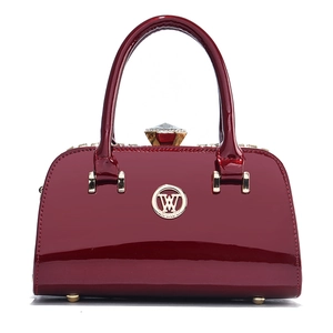 Minimalist glossy wine red leather handbag with diamond buckle and gold logo detail