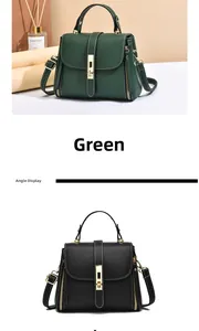 Detail view of stylish small crossbody handbag showing green and black pebbled leather texture