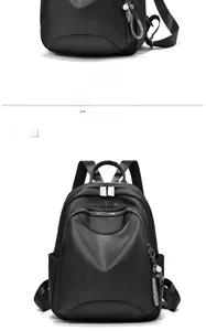 Vues détaillées du sac à dos en cuir souple noir avec breloque perle et poches latérales