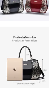 Detailed comparison of black and red patent leather handbags with floral embroidery