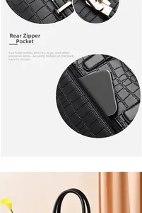 Gros plan d'un sac à main noir motif crocodile montrant la poche zippée arrière et la texture