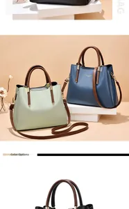 Detailed color display of mint green, morandi blue, and black leather tote bags